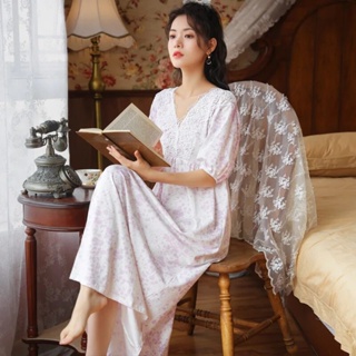 Pure Cotton Victorian Night Dress Women White Short Sleeve Long Robe  Peignoir Romantic Vintage Nightgowns Princess