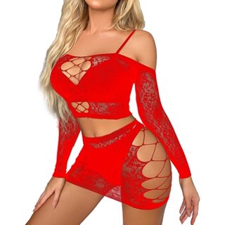 Sexy Lingerie Women Hollow See-through Two-piece Fish Net Outfit Suit  Nightwear