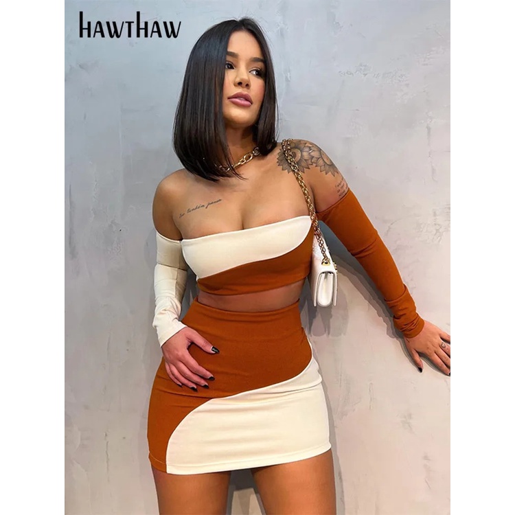 75X Hawthaw Women Long Sleeve Crop Tops Mini Skirt Two Piece Sets