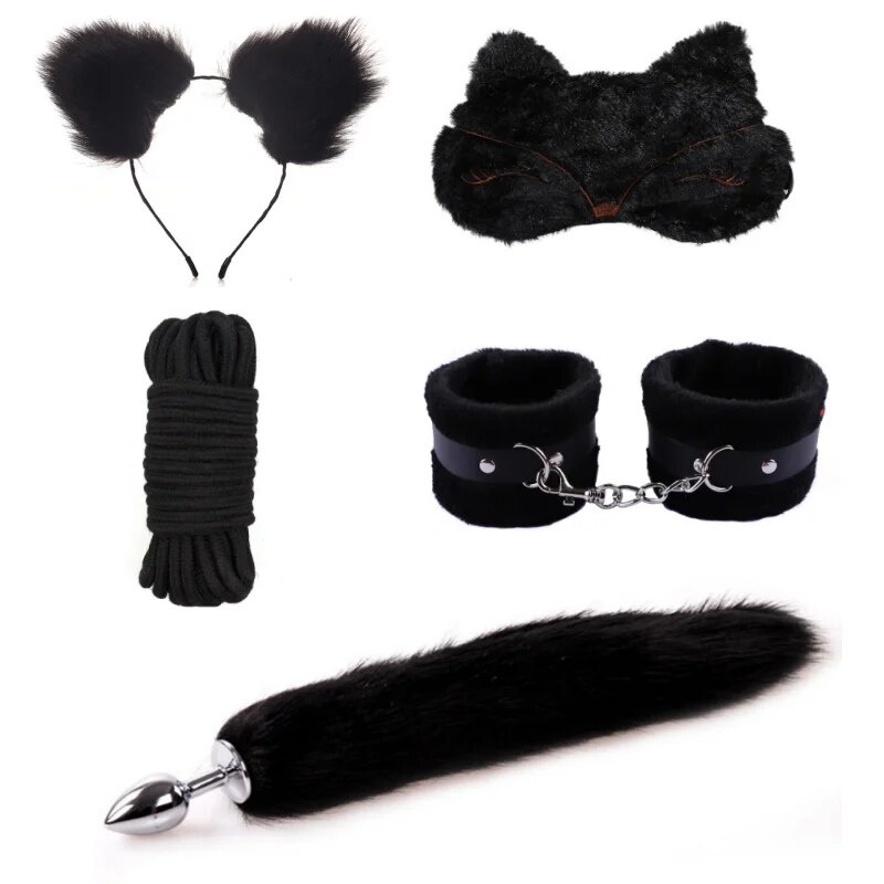 ☞exotic Sexy Accessories Bdsm Plush Handcuffs Blindfold Anal Tail Plug