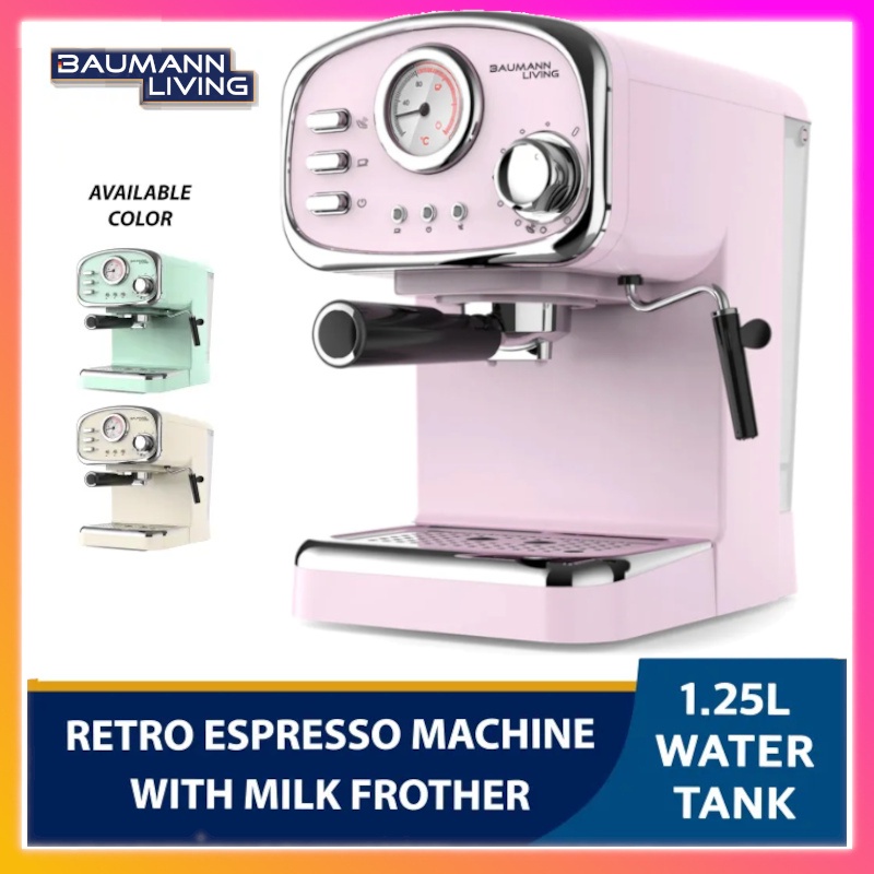 BAUMANN LIVING Retro Espresso Machine with Milk Frother Powerful 15bar