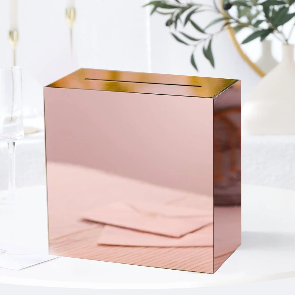 Metallic Rose Gold Mirror Acrylic Wedding Card Box with Slot, Wishing Well Money Box, Graduation ...