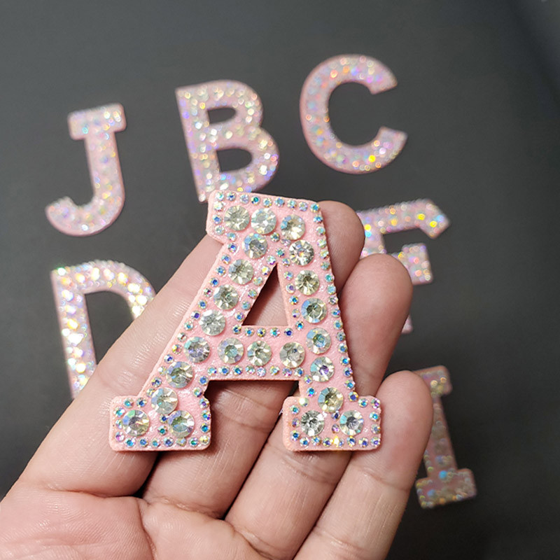 ☃Pink A-Z Letter Rhinestone Alphabet Applique 3D Iron On Patch Clothing ...