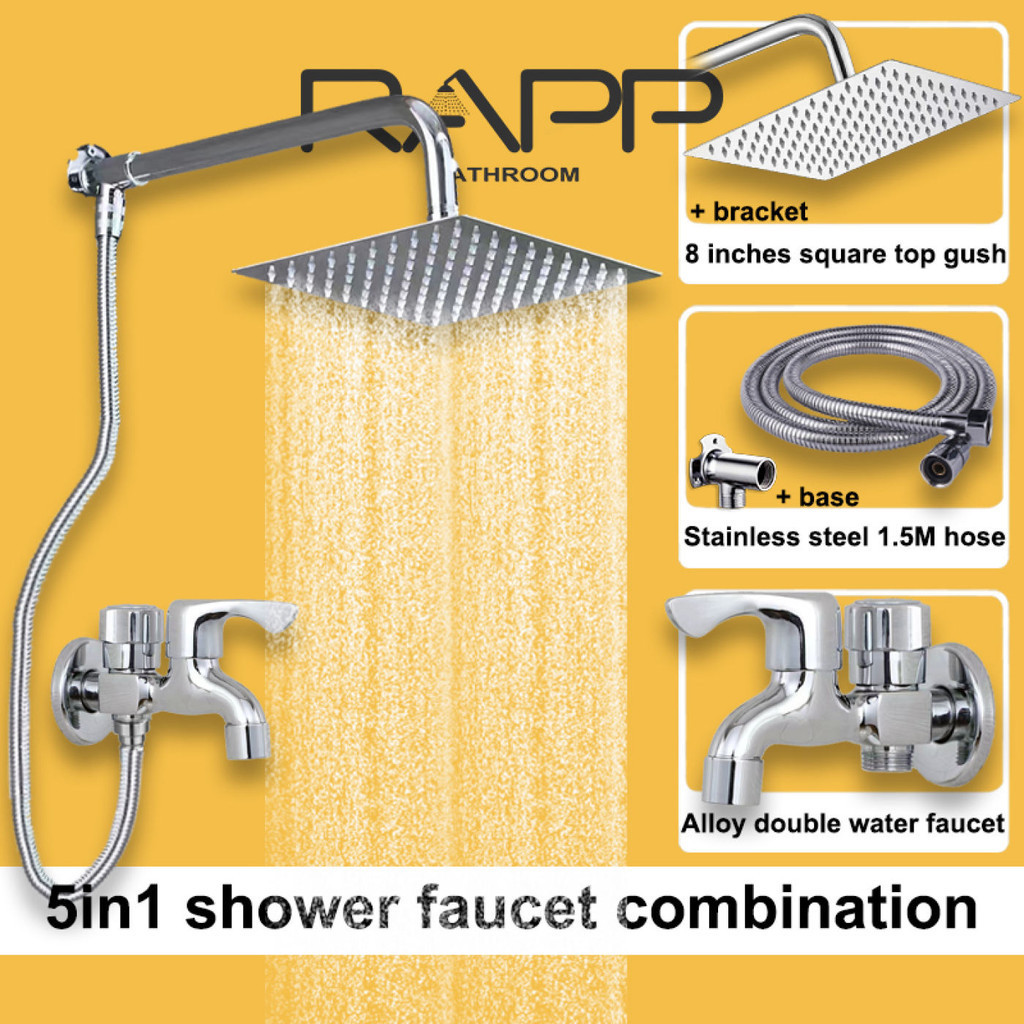 RAPP 5in1 Shower set 8 inch Square Rainfall Shower head w/extension