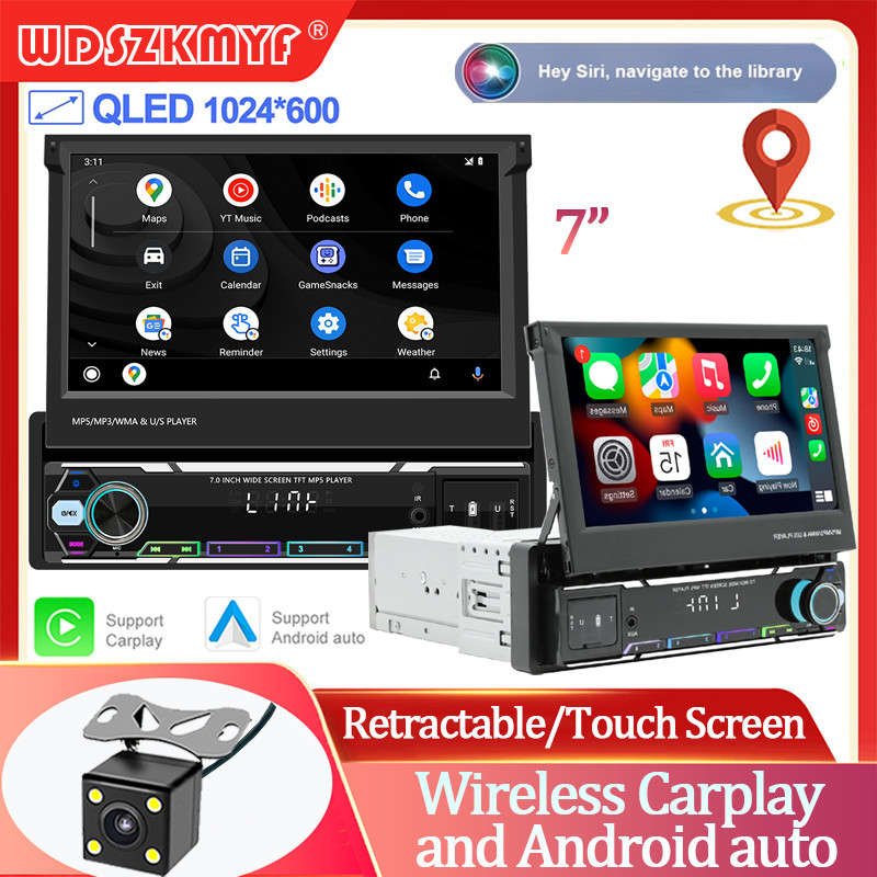 ☾7 Inch Wireless CarPlay Screen Android Auto WIFI FM BT 5.0 Retractable ...