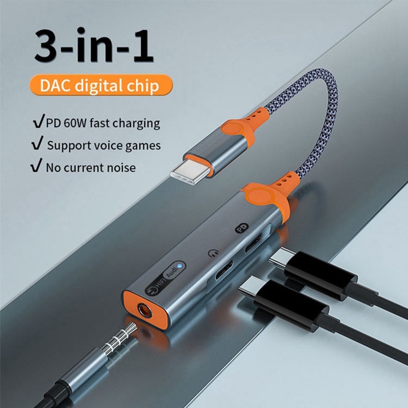 ️3 in 1 Headphone Jack Adapter PD60W Fast Charging Splitter Type C to 3