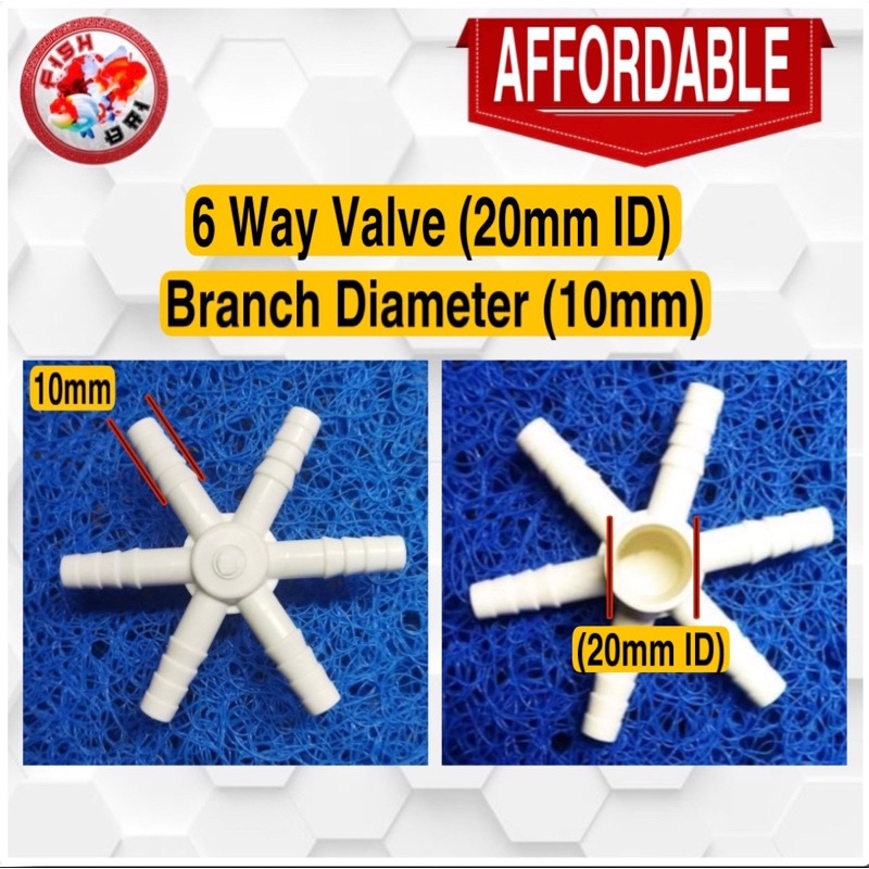 ♀Matala Oxy Ring & Hose Fitting 6Way Valve 20mm ID Pipe Dia 10mm Branch Dia Fish Bai
