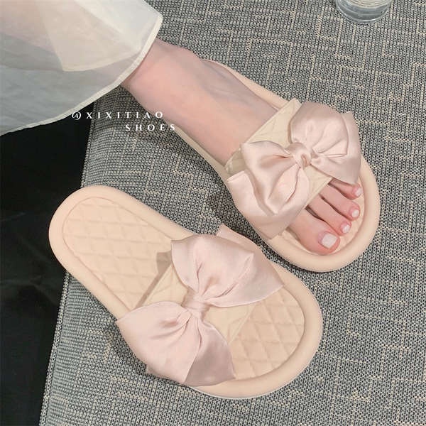 Thin Striped Fairy Style Bow Slippers Female Summer Influencer All ...