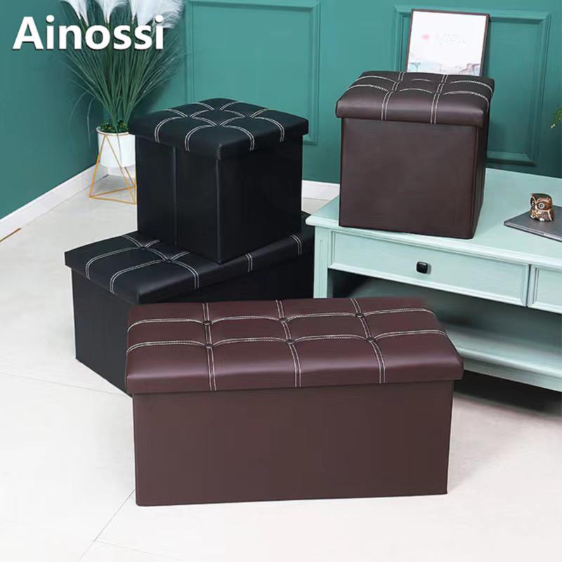 S757 Ainossi 110L Leather Storage Stool Foldable Rectangular Storage Box sit sofa chair