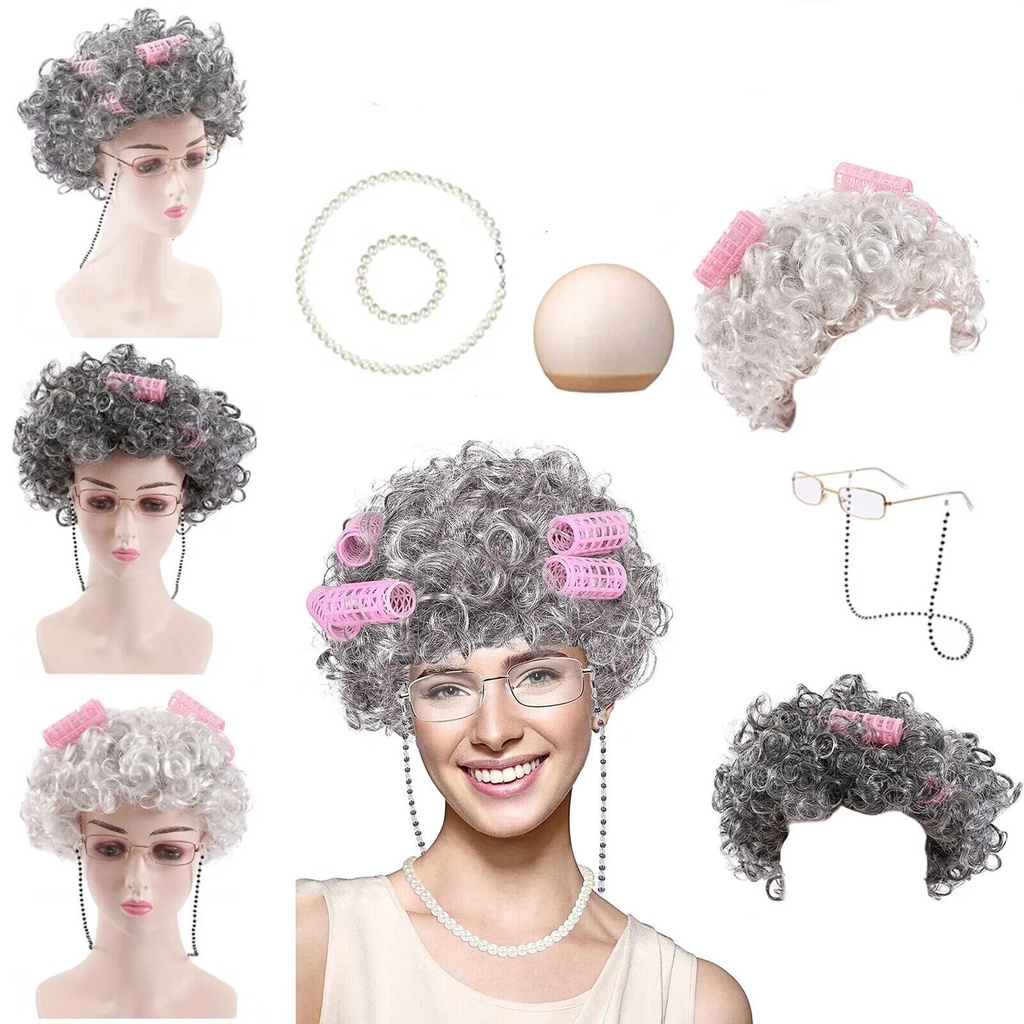 ☾5Pcs/Set Grandma Old Lady Dress Up Set Granny Costume Wig Adult Kids ...