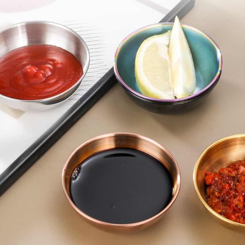 ~Round Stainless Steel Sauce Dish Seasoning Plates Dipping Bowl ...