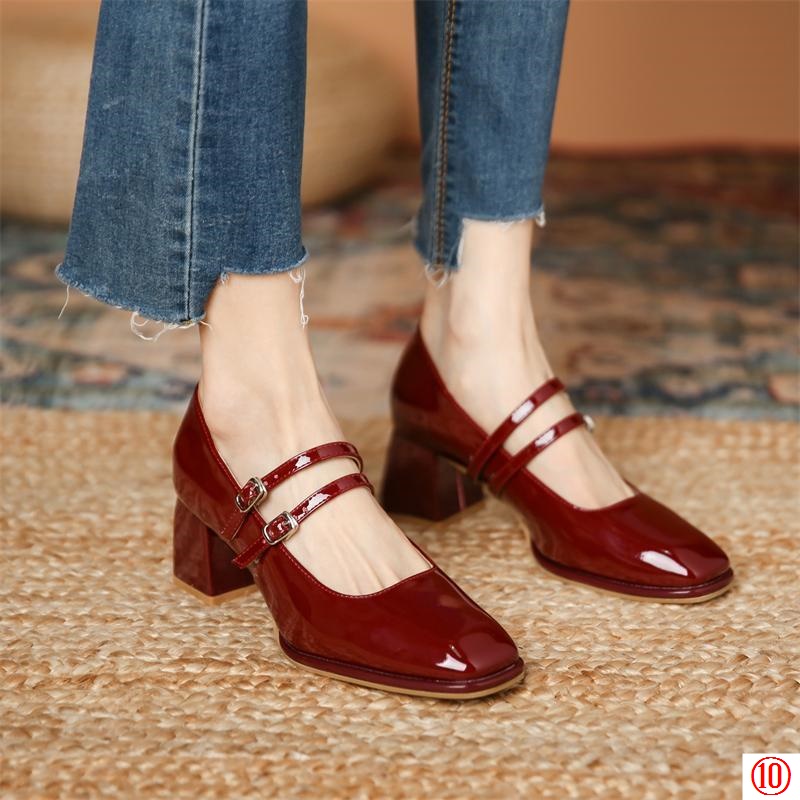 Burgundy Mary Jane Shoes Women Design Niche Square Toe Shallow Mouth French Thick Heel High Heels Women Spring Autumn Nude Color Shopee Philippines