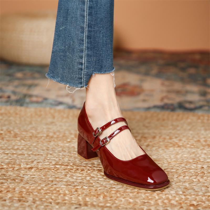 Burgundy Mary Jane Shoes Women Design Niche Square Toe Shallow Mouth French Thick Heel High Heels Women Spring Autumn Nude Color Shopee Philippines