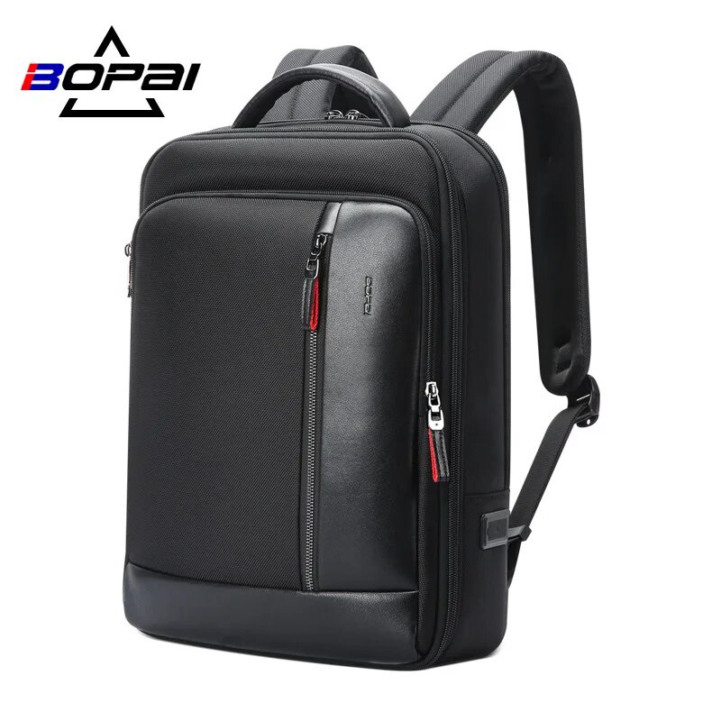 20m BOPAI Men Black Leather Backpack USB Charge Bagpack School Bags ...