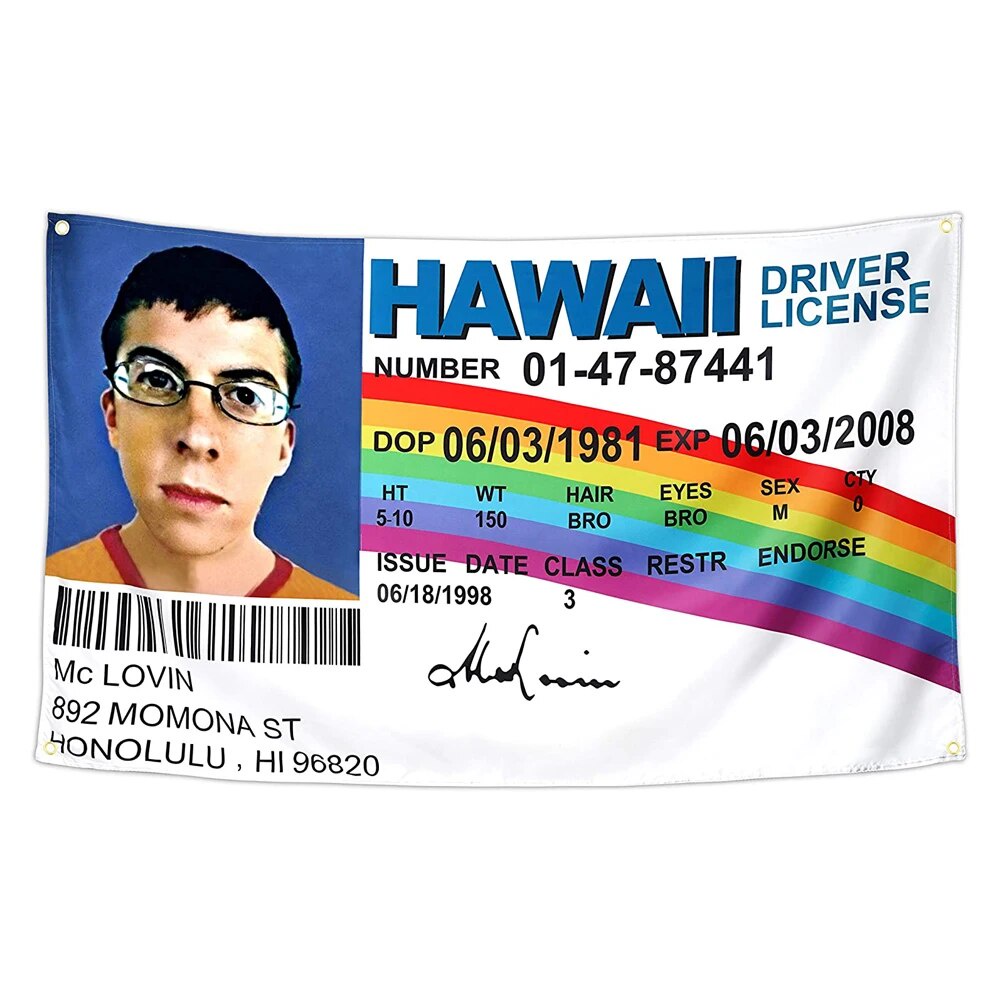 08O Flagnshow McLovin Flag 90x150CM 3x5FT Fake ID Driver License Wall ...