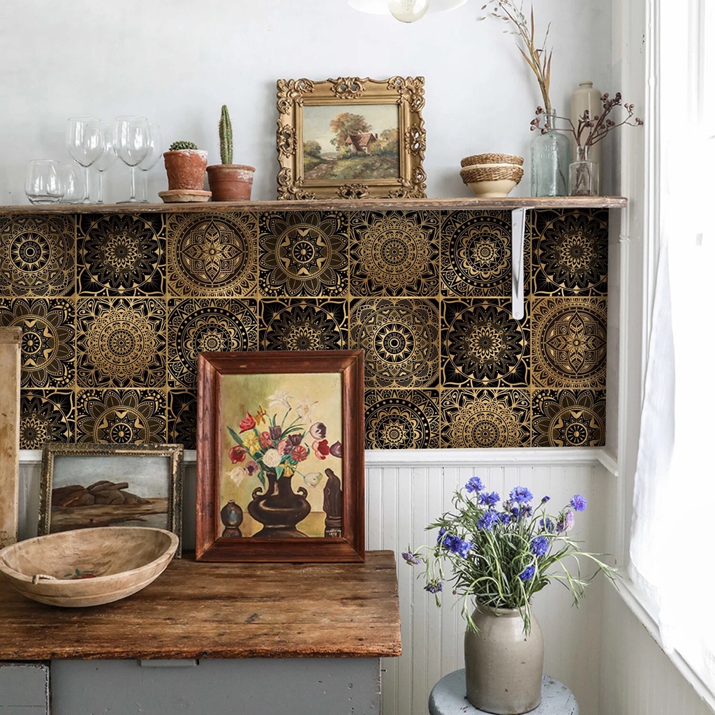 Funlife® Black Faux Gold Mandala Pattern Waterproof Backsplash Tile ...