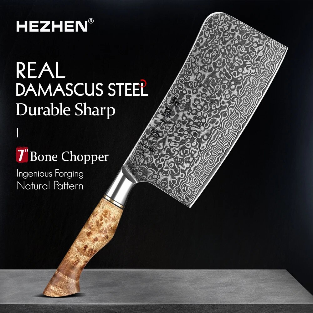 HEZHEN 7 Inch Bone Chopper Knife 67 Layers Damascus Steel Super Cook ...