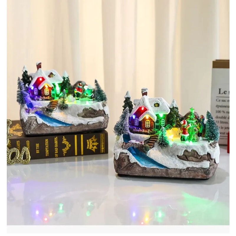 68b Resin Christmas Village Ornaments with LED Light Music Xmas Tree Kids Revolving House Stat