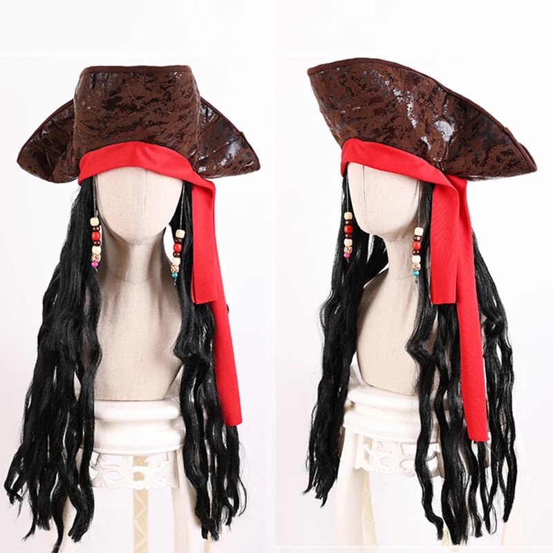 ☟Halloween Cosplay Pirate Hat Curly Hair Red Headband Cap Wig Adult