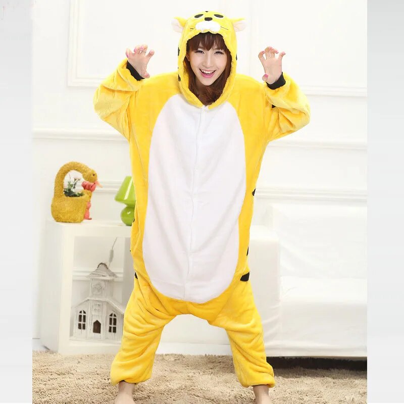 Yellow Tiger Onesies For Adults Pajamas Flannel Kigurumi Women