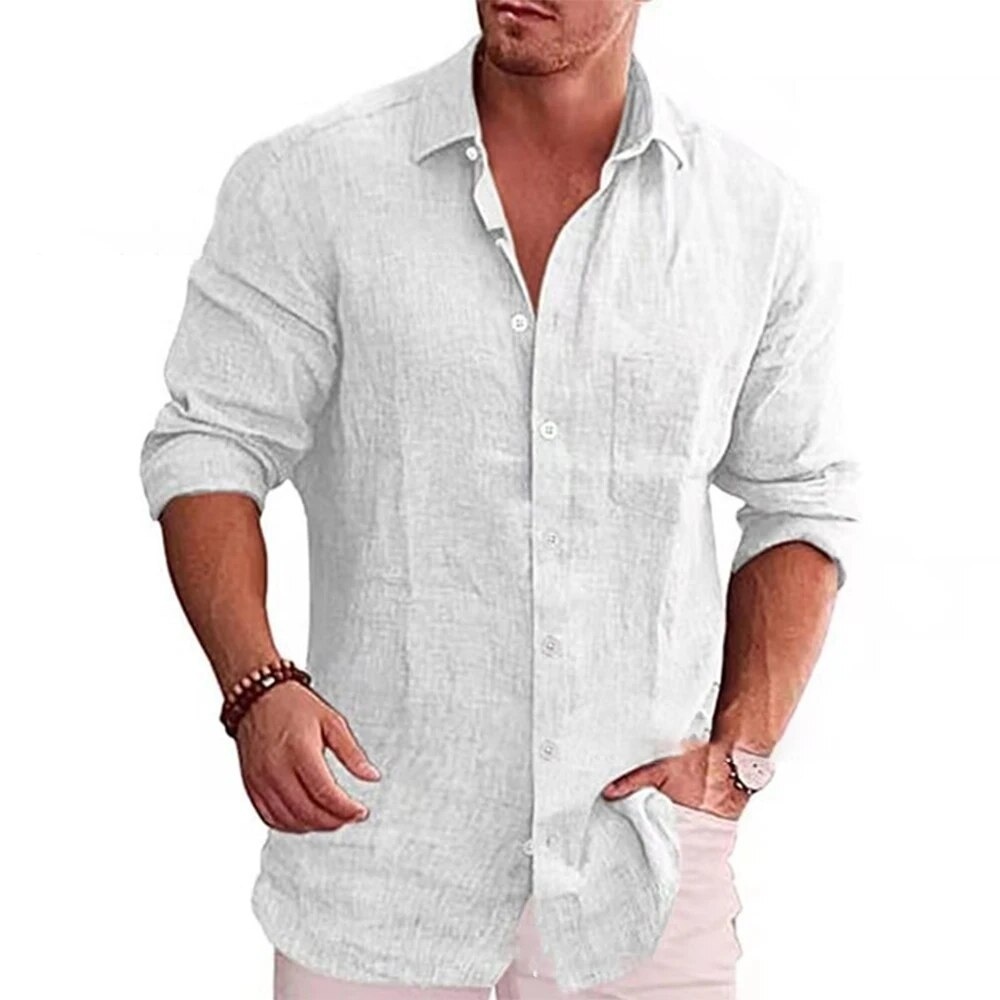 ☾Mens Cotton Linen Slim Fit Lapel Long Sleeve Shirt Solid Baggy Button ...