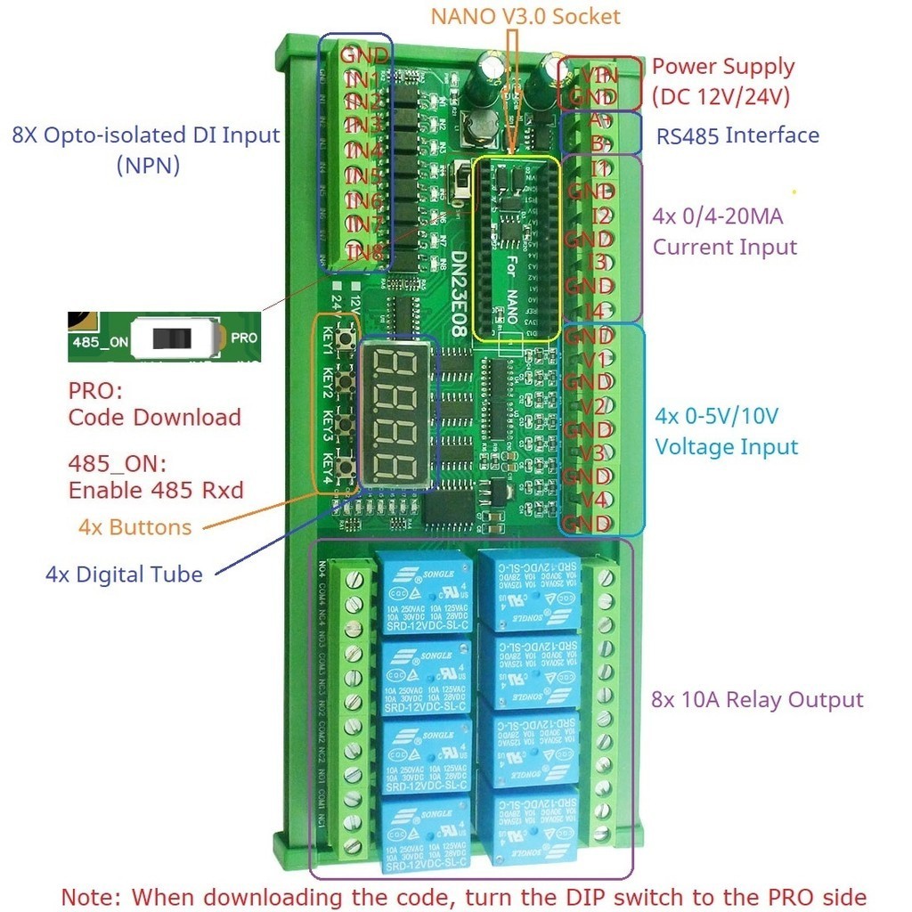 DN23E08 RS485 Relay PLC IO Expanding Dimmer Switch Code Controller ...