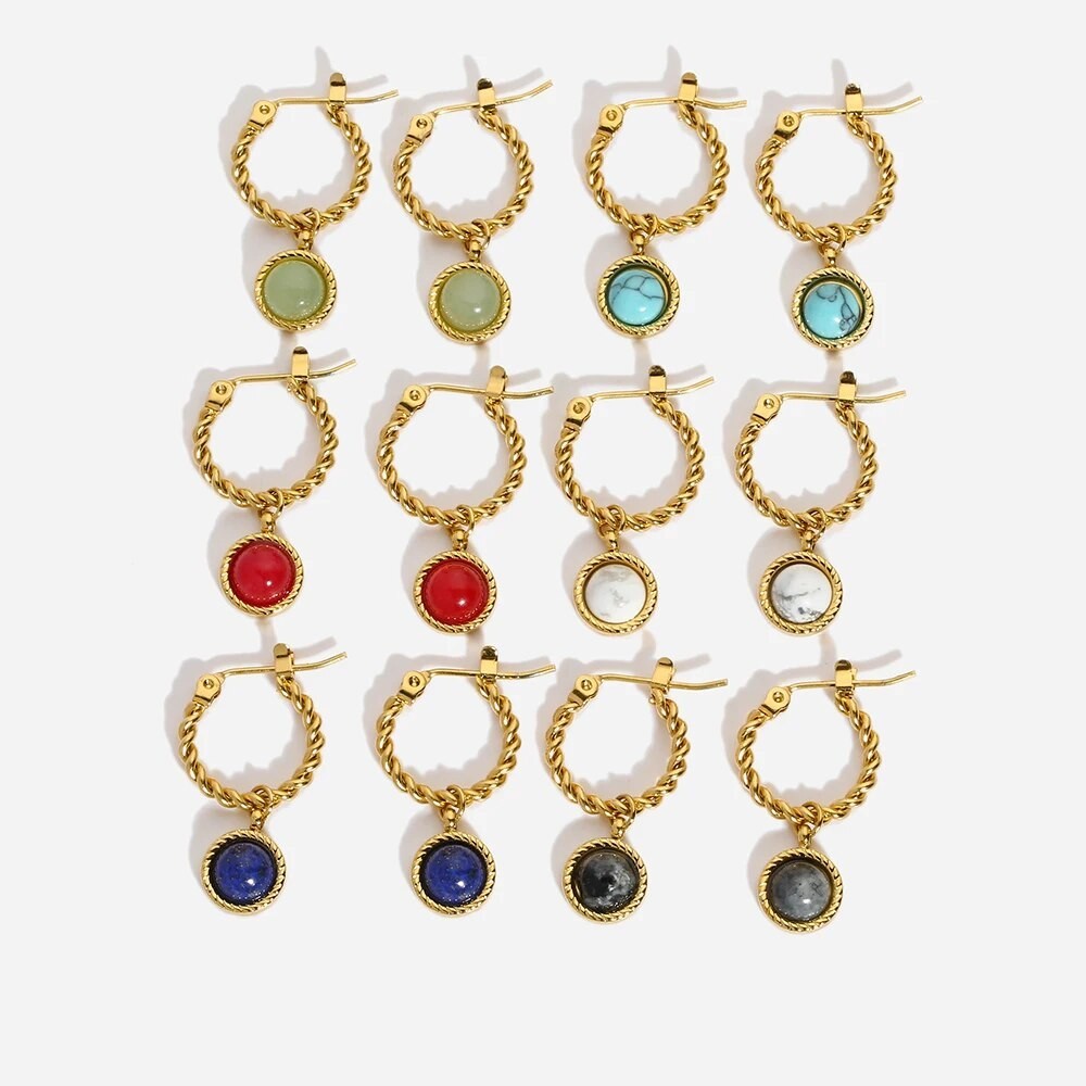2022 Stainless Steel Multicolor Natural Stone Hoops Aventurine Blue ...