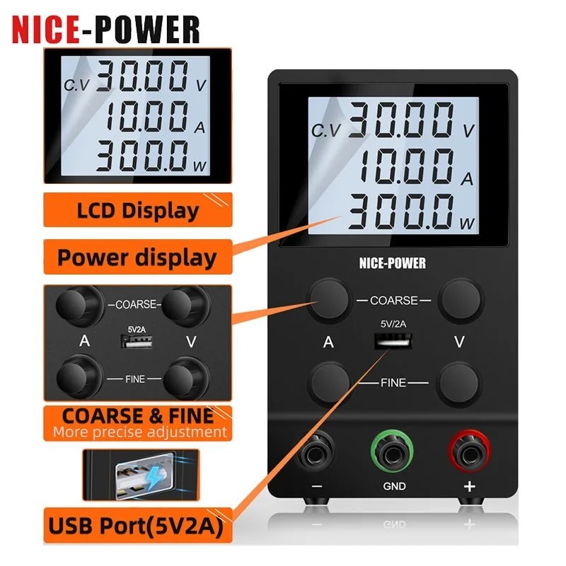 ☟Lab Bench DC Power Supply 30V 10A Laboratory Adjustable Switching