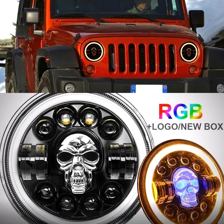 Skull Popular Rgb 7 Inch Headlamp Halo Ring H4 Daymaker Round 5.75 Inch 