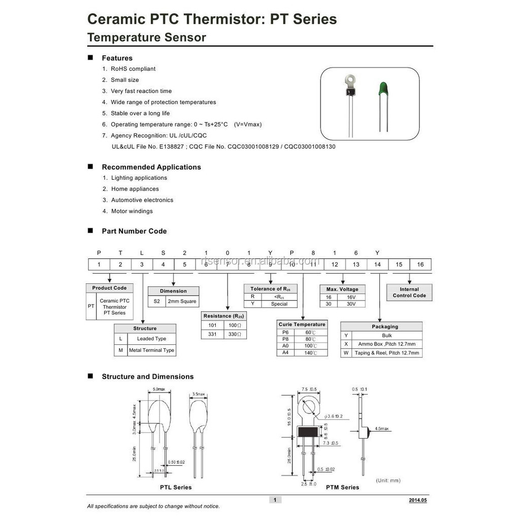 PTC Ceramic Thermistor Temperature Sensor PTL PTM For Lighting Home ...