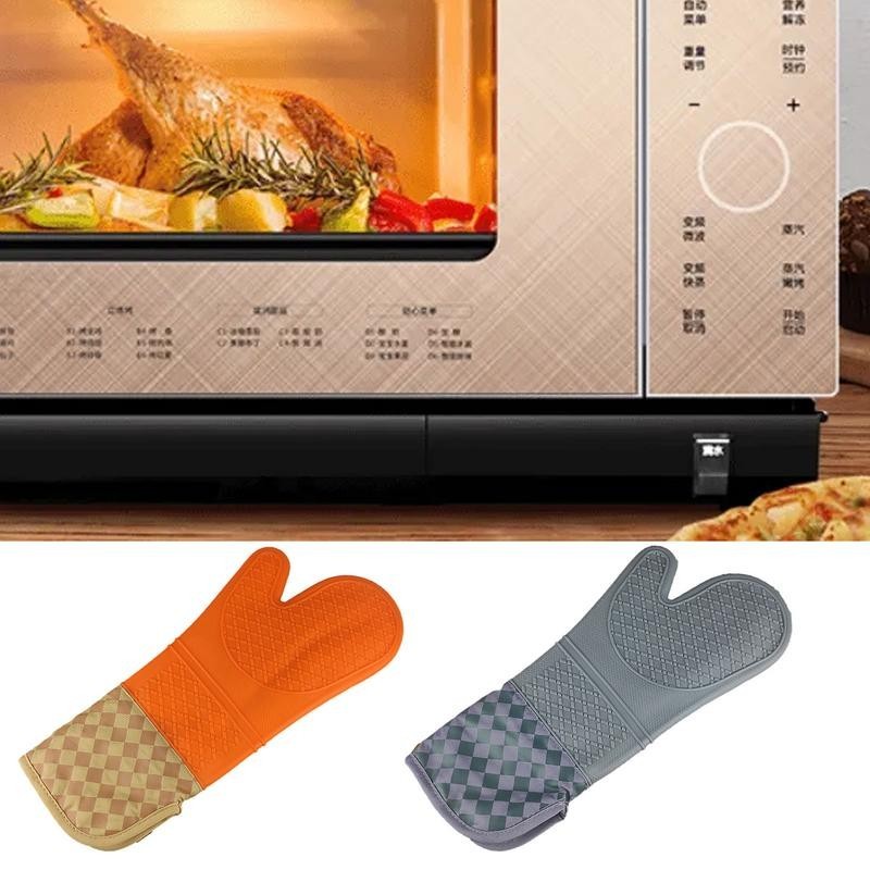 ⚡heat Resistant Silicone Oven Gloves Non Slip Oven Mitts Extra Long Oven Mitts Cooking Gloves Wi