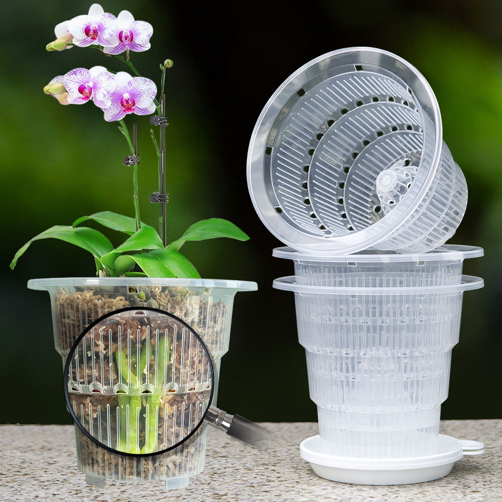 Meshpot Pack of 4 Clear Plastic Orchid Pots with Holes and Saucers for ...