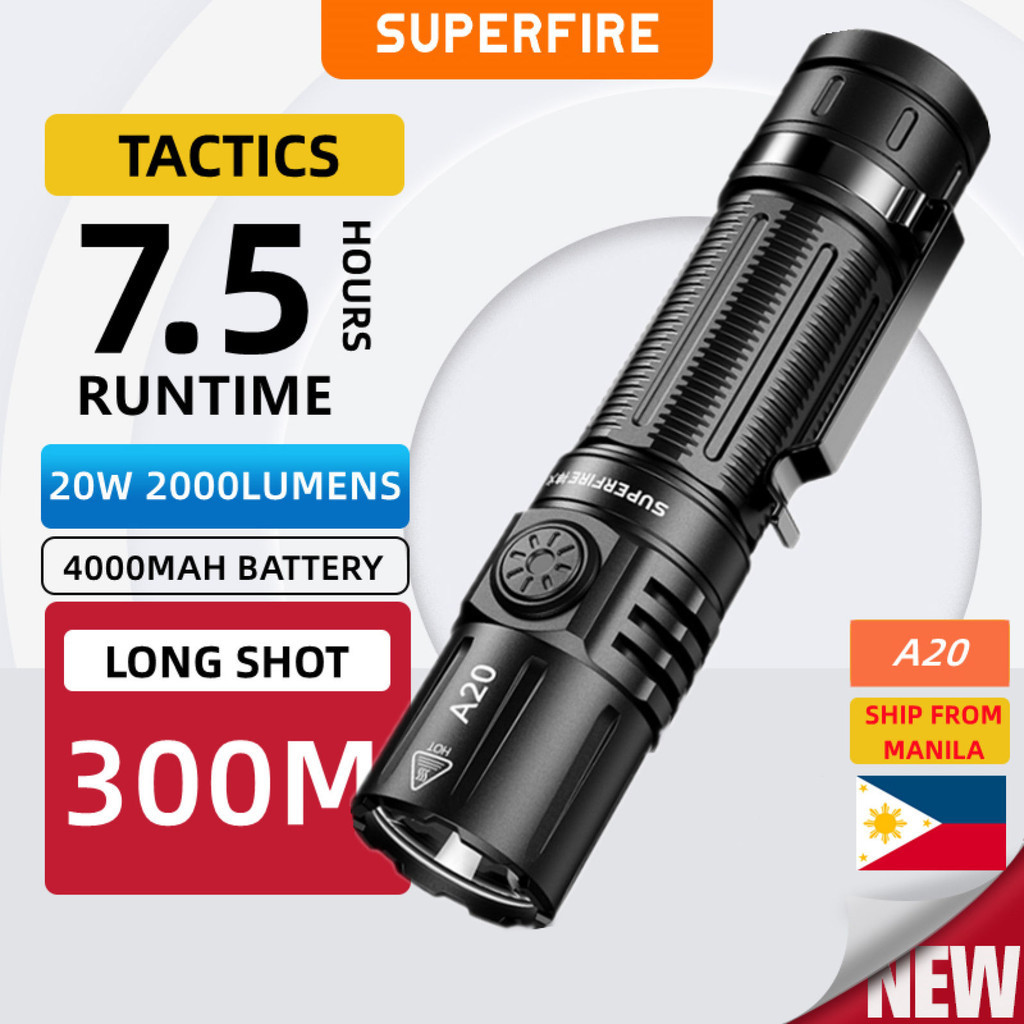 SUPERFIRE Flashlight A20 2000 Lumens Super Bright Type-C Rechargeble ...