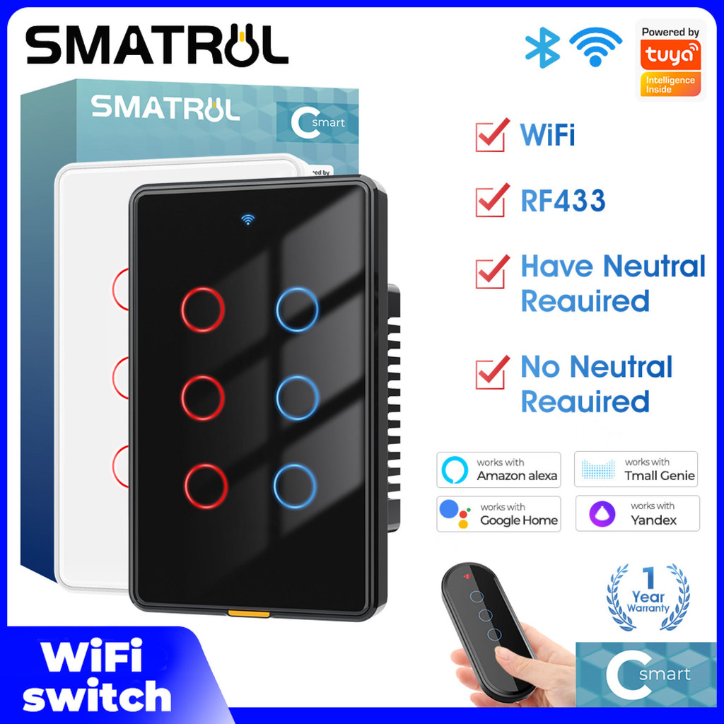 SMATRUL Tuya WiFi RF433 Smart Switch 1/2/3/4/6 Gang No Need Neutral