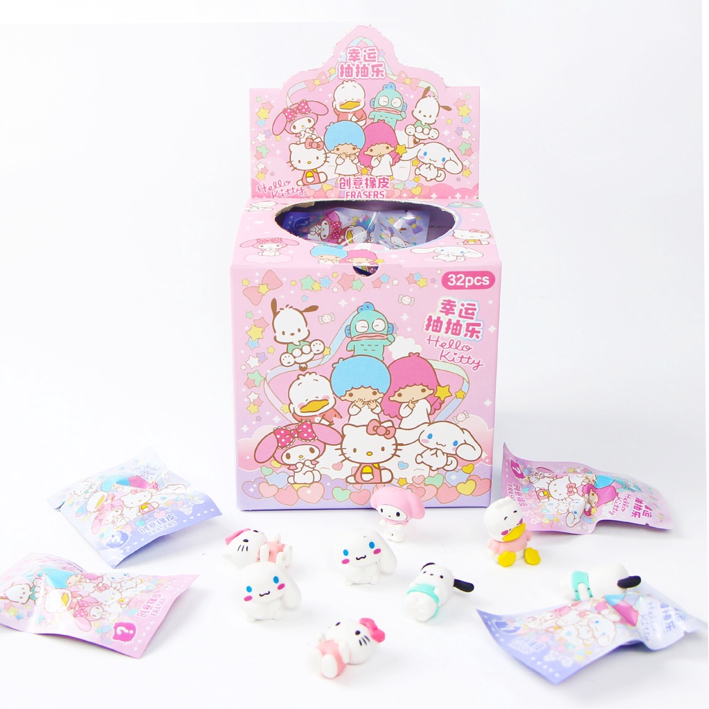 32Pcs/Box Kawaii Sanrio Eraser Blind Box Kitty Cinnamon Kuromi Melody ...