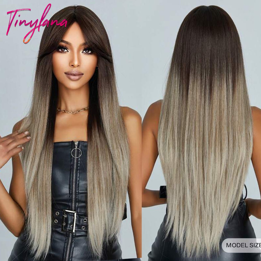 Ombre Dark Brown Synthetic Wig with Bangs