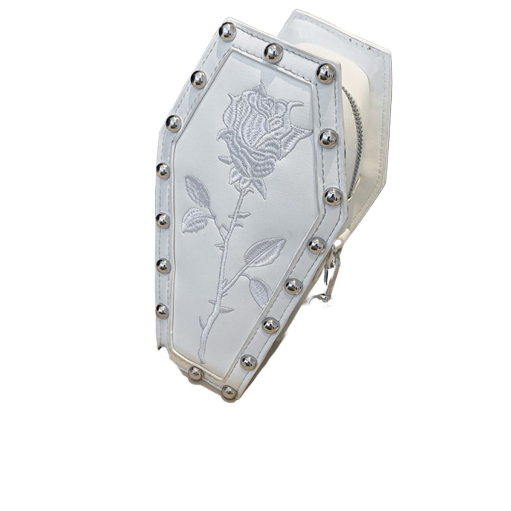 White Gothic Red Coffin-Shaped Crossbody Bag with Embroidered Rose - Unique Fashion Statement