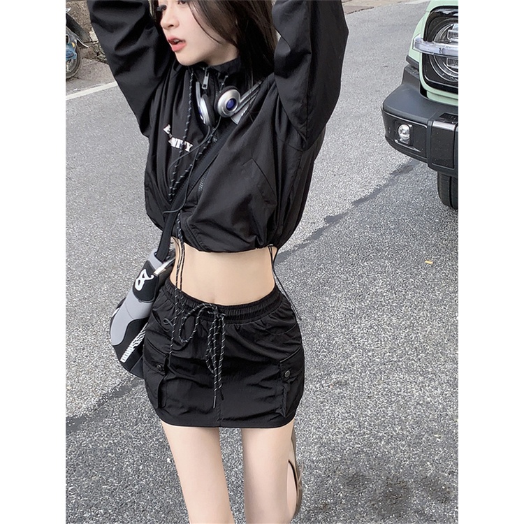 ♙QWEEK Y2K Gorpcore Black Dress Sets Women Techwear Streetwear Two ...