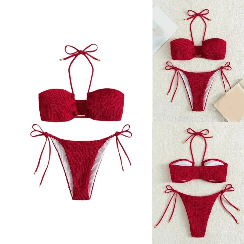ⓛWomen Two Pieces Sexy Halter Neck High Cut Thong Swimsuit Set Push Up