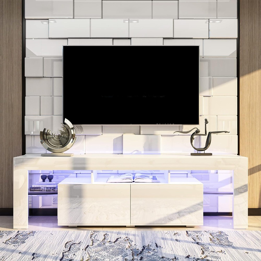 ☇TV Stand for 70 Inch TV,White Entertainment Center with 2 Drawer