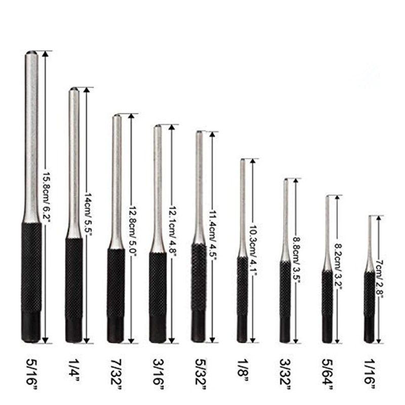 ☽9Pcs Round Head Pins Punch Set Steel Multi Size Grip Roll Pins Punch ...