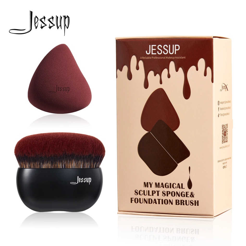 ⊰Jessup Foundation Brush with Makeup Sponge, Black Makeup Brush Flat