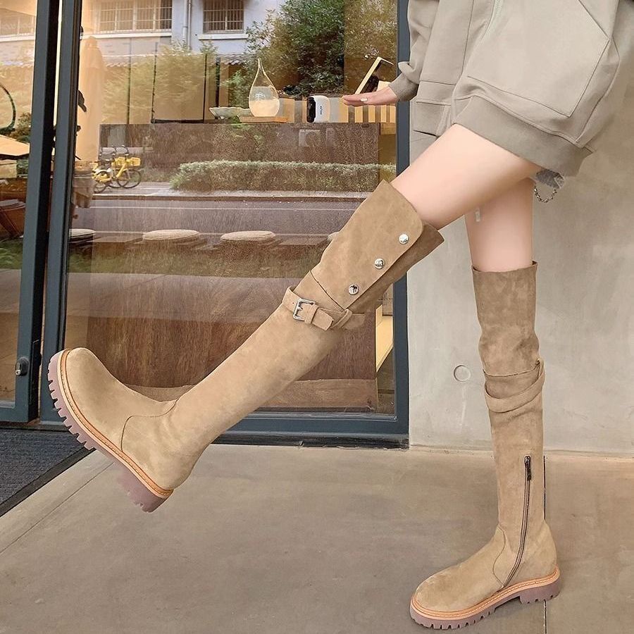 TAVIMART  -  New Wide Leg Maillard style Brown Western Boots Women Pointy Tow Square Heels Vintage Zipper Knee High Boots Shoes