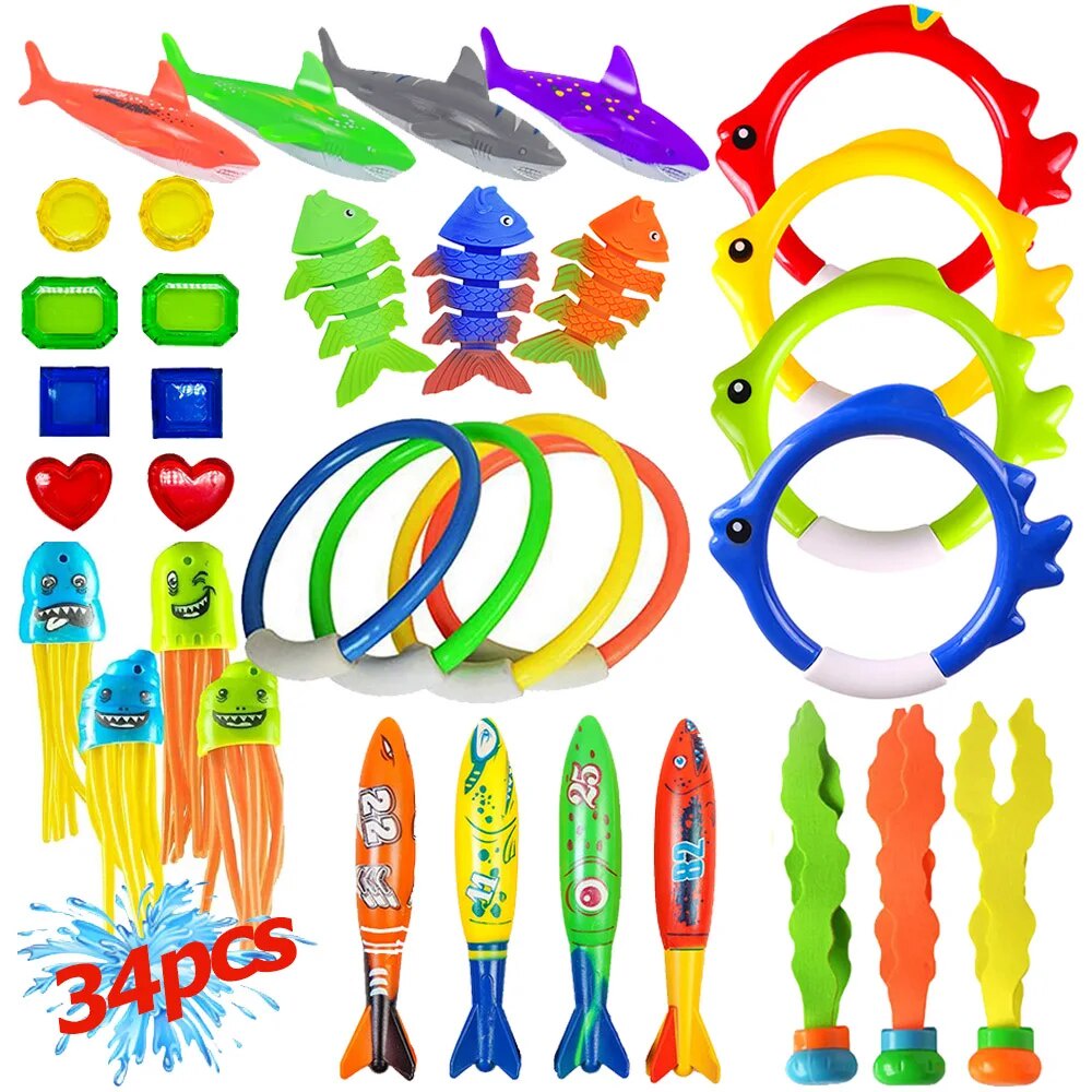 34pcs Pack Summer Diving Toys Diving Fish Ring Torpedos Underwater 