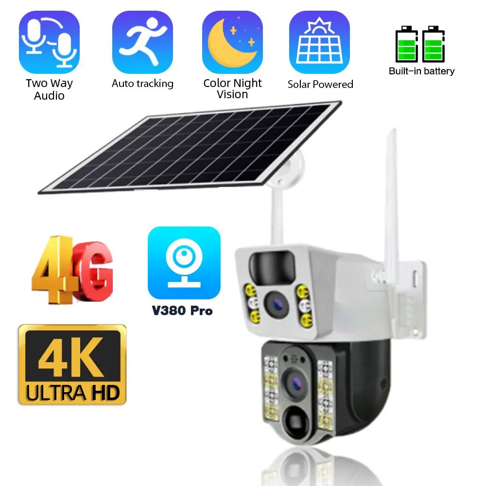 4K Dual Lens 4G Sim Camera Solar Panel Outdoor Low Powered Cam Color ...