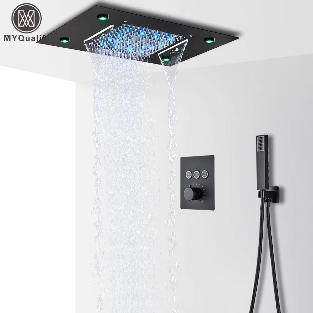 Black LED Thermostatic Bathroom Shower Faucet Set Rain Waterfall ...