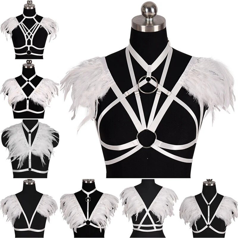 76w Angel Wing White Feather Harness Bralette Crop Tops Epaulettes Shoulder Steampunk Goth Fet