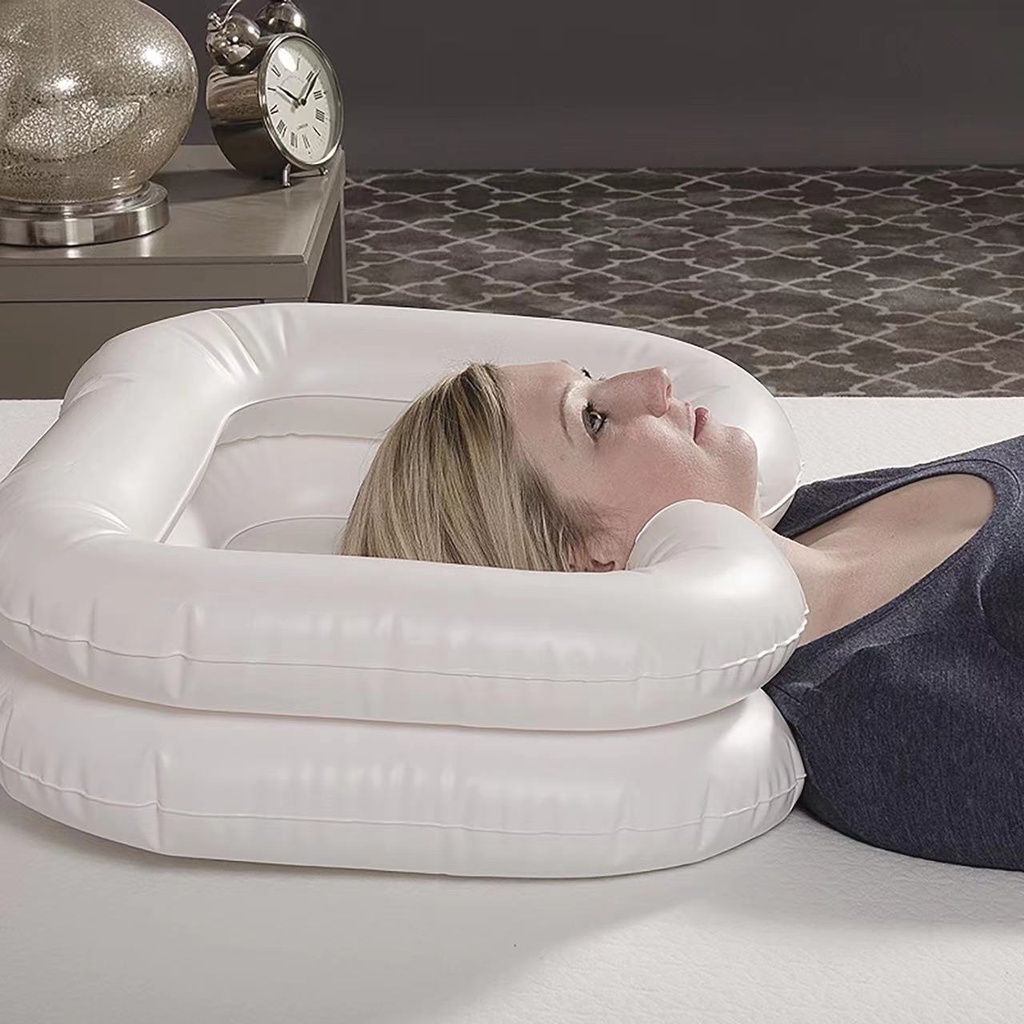 Portable inflatable shampoo bowl with tray foldable on bed suitable for