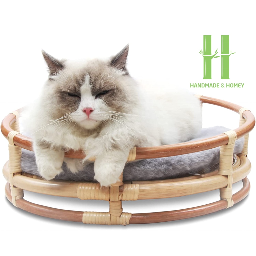 Natural Wicker Cat Bed Basket with Cushion Elevated Cooling Rattan Cat