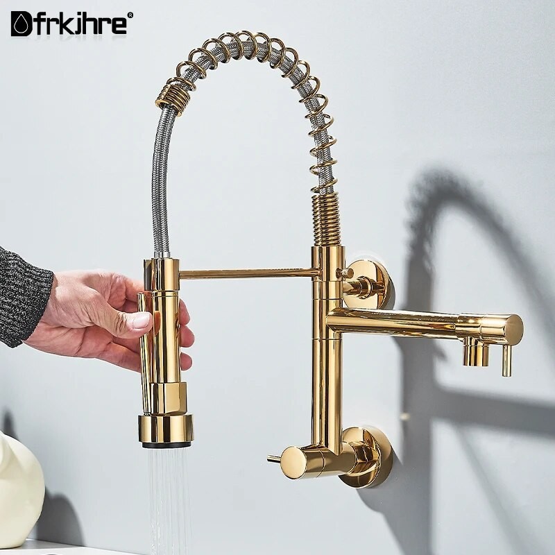 Wall Mount Spring Kitchen Faucet Pull Down Sprayer Dual Spout Cold